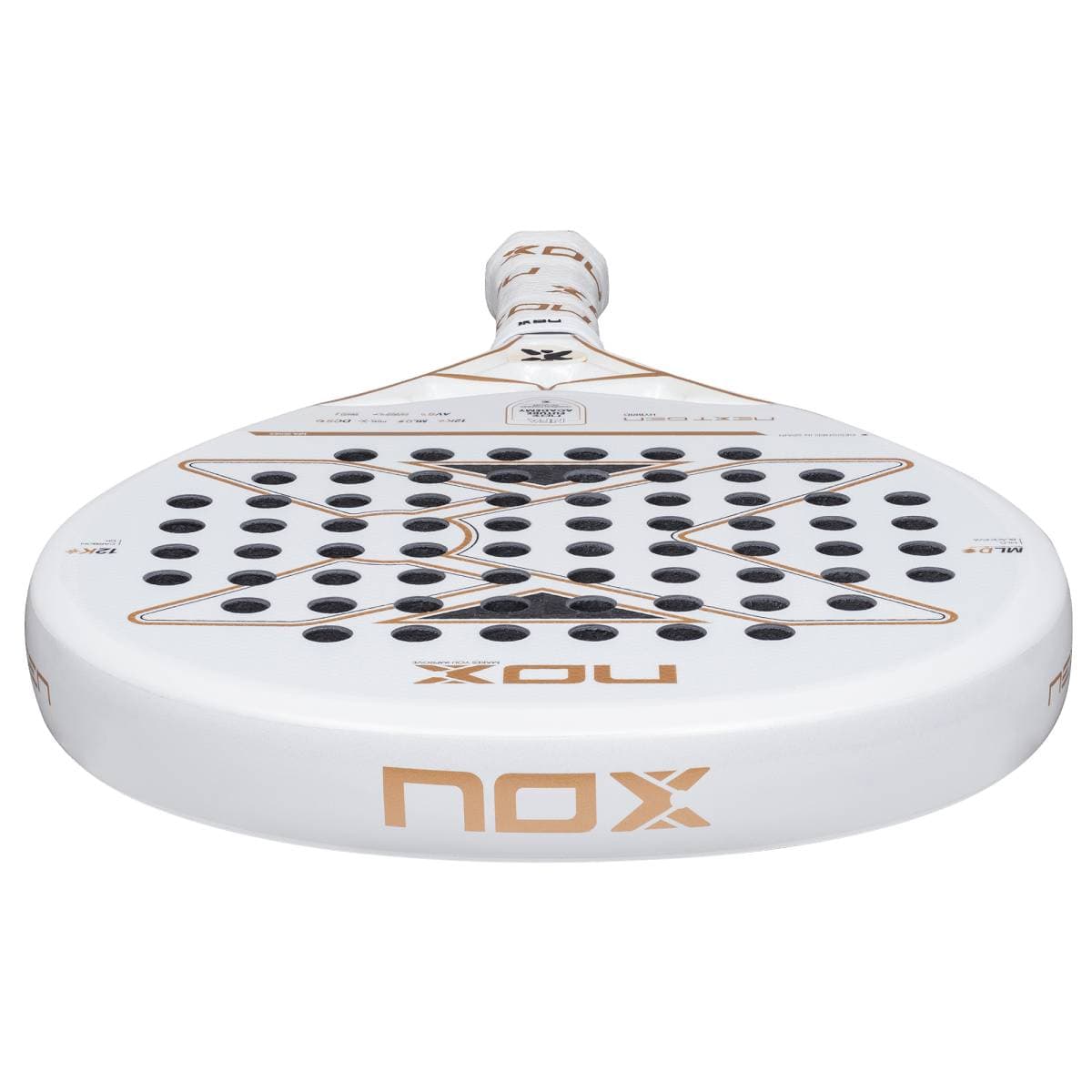 The NOX NextGen Pro Hybrid 12K NFA 2026 Padel Racket is white with gold and black accents, features a 12K Carbon Face with round holes, and "nox" branding near the handle—perfect for advanced players seeking peak performance.
