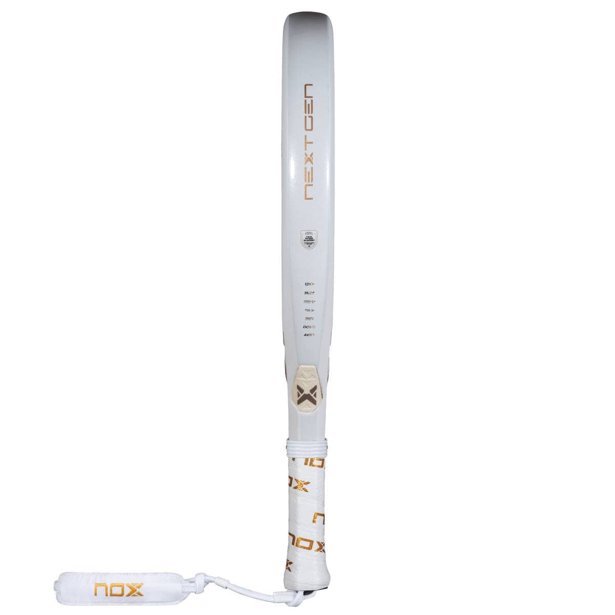 The NOX NextGen Pro Hybrid 12K NFA 2026 Padel Racket features a white design with a 12K carbon face, "NEXT GEN" in gold along the side, and matching white-gold handle—side view on plain background; ideal for advanced players.