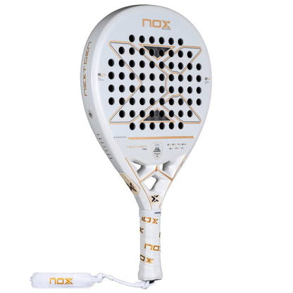 The NOX NextGen Pro Hybrid 12K NFA 2026 Padel Racket is a white advanced-level racket with gold and black accents, a 12K carbon face, perforated design, large X-shaped detail, and a white grip with branded wrist strap.