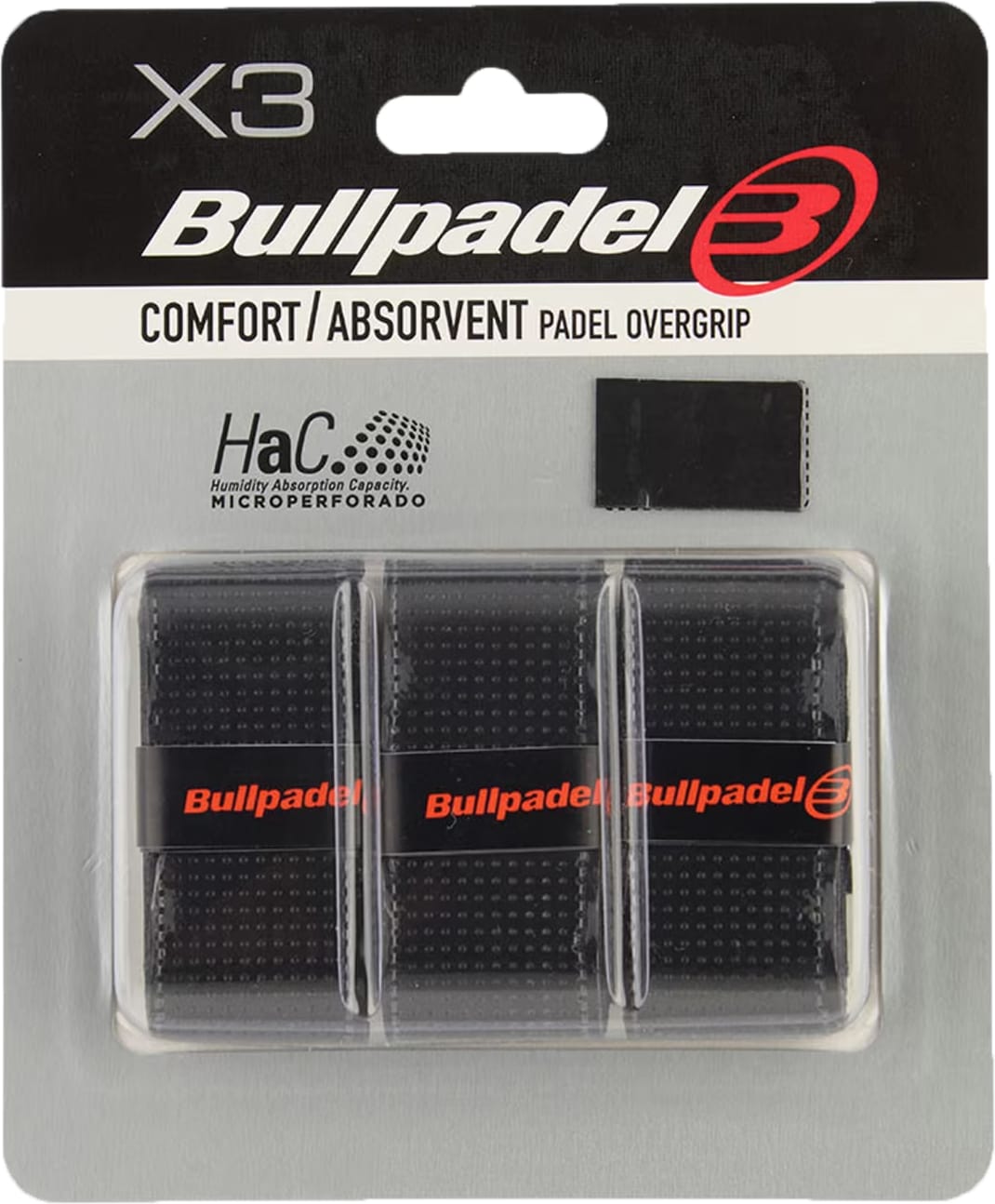 The Bullpadel GB-1201 Padel Overgrips - Black pack includes three black Bullpadel overgrips presented in clear packaging, labeled “COMFORT/ABSORBENT PADEL OVERGRIP” and featuring “HaC Humidity Absorption Capacity,” making them ideal for enhancing your racket grip during intense matches.