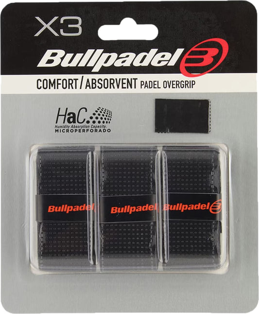 The Bullpadel GB-1201 Padel Overgrips - Black pack includes three black Bullpadel overgrips presented in clear packaging, labeled “COMFORT/ABSORBENT PADEL OVERGRIP” and featuring “HaC Humidity Absorption Capacity,” making them ideal for enhancing your racket grip during intense matches.