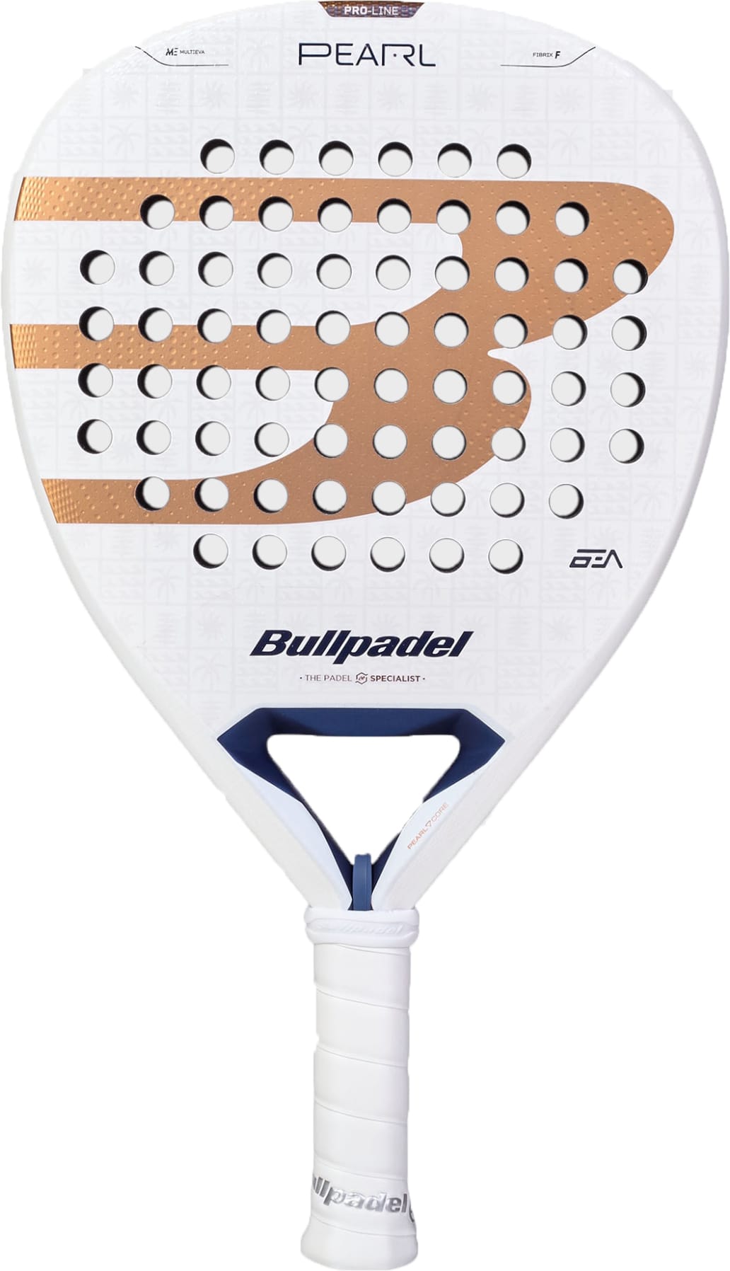 The Bullpadel Pearl 2027 Padel Racket by Bullpadel features a white design with gold accents, prominent large “B” branding, and a perforated surface. Engineered as an attacking racket for advanced players, it comes with a white grip tape-wrapped handle.