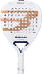 The Bullpadel Pearl 2027 Padel Racket by Bullpadel features a white design with gold accents, prominent large “B” branding, and a perforated surface. Engineered as an attacking racket for advanced players, it comes with a white grip tape-wrapped handle.