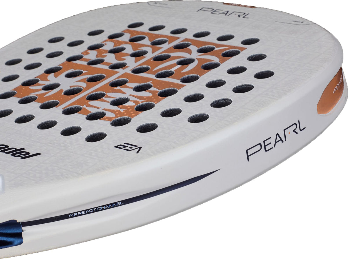 Close-up of a white Bullpadel Pearl 2027 Padel Racket featuring black perforations, a patterned face, and the word “PEARL” printed on the side—an excellent option for advanced players looking for an attacking racket.