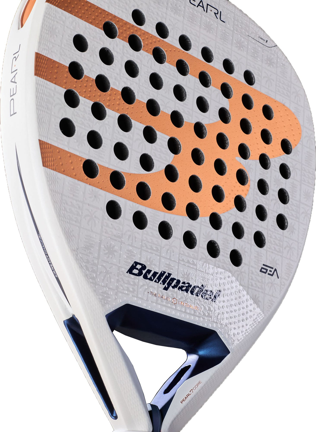 Close-up of a gray and white Bullpadel Pearl 2027 Padel Racket with orange accents and circular holes, highlighting its textured surface and Bullpadel branding—an ideal attacking padel racket crafted for advanced players.