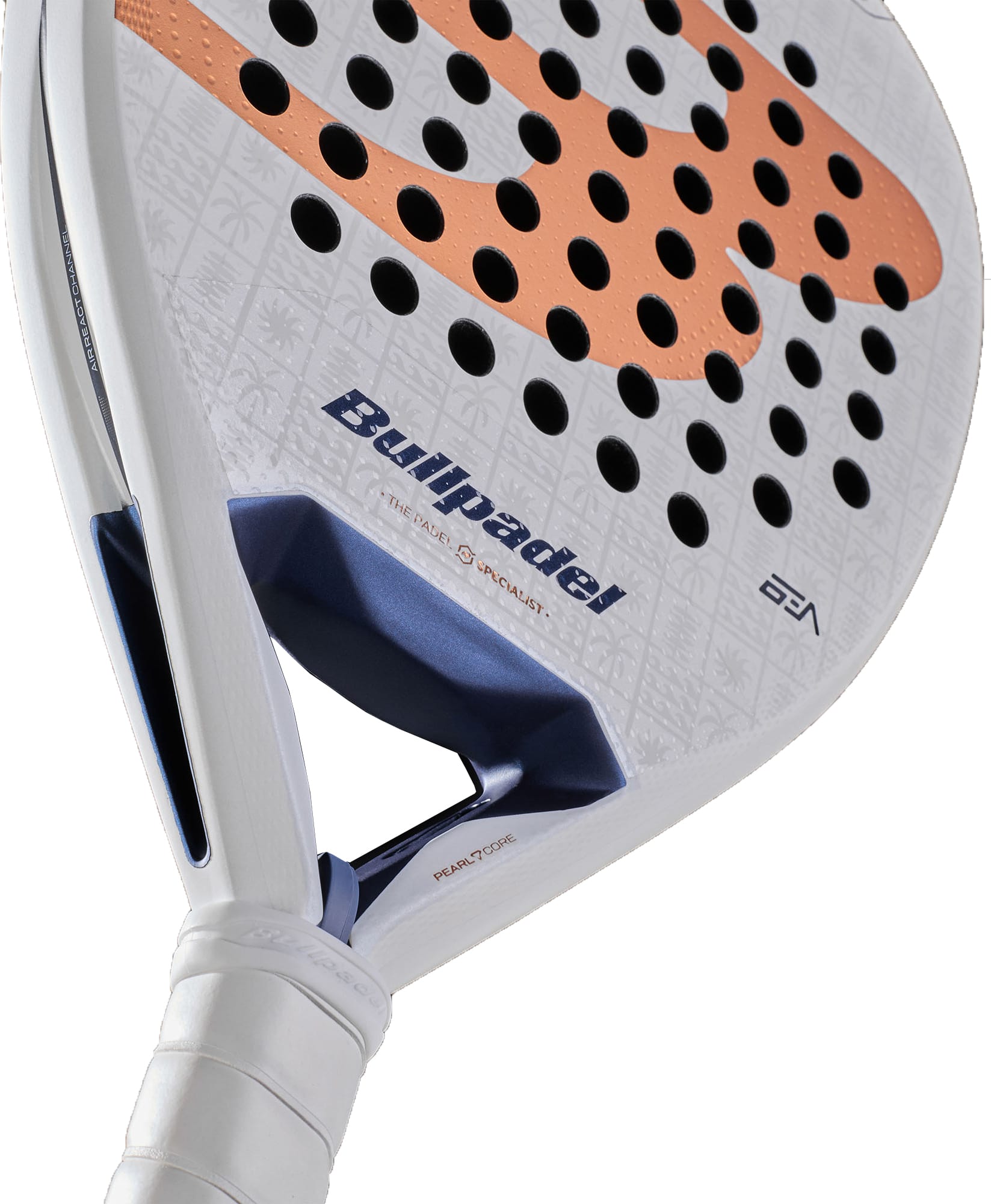 Close-up of the Bullpadel Pearl 2027 Padel Racket in white by Bullpadel, featuring black holes, an orange design, and a blue accent near the handle. Designed for advanced players who prefer an attacking style, it showcases a textured surface with subtle patterns and Bullpadel branding.