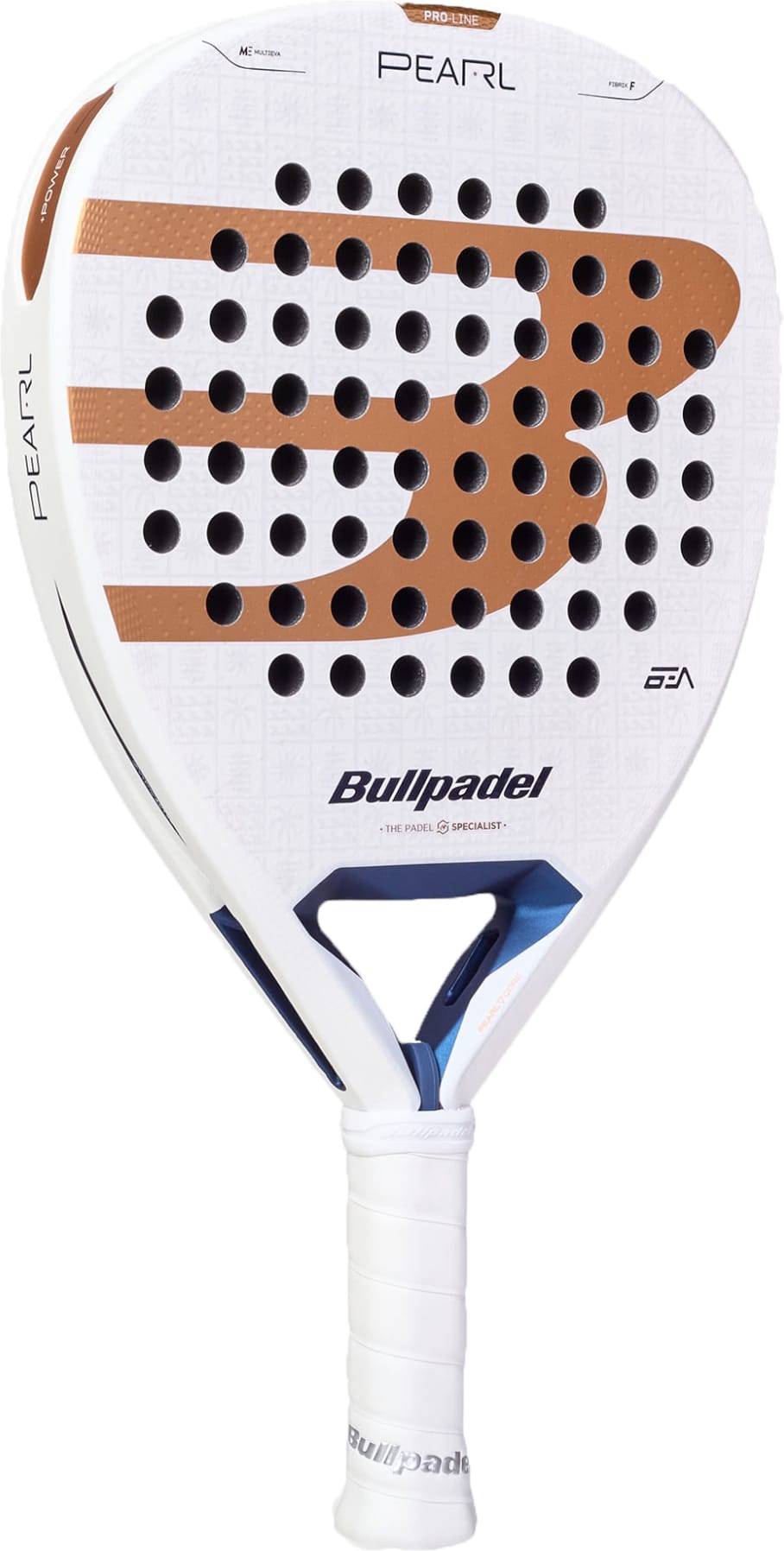 The Bullpadel Pearl 2027 Padel Racket by Bullpadel features a white design with brown and blue accents, black holes, and a white grip, displayed against a plain background—perfect for advanced players looking for an attacking padel racket.