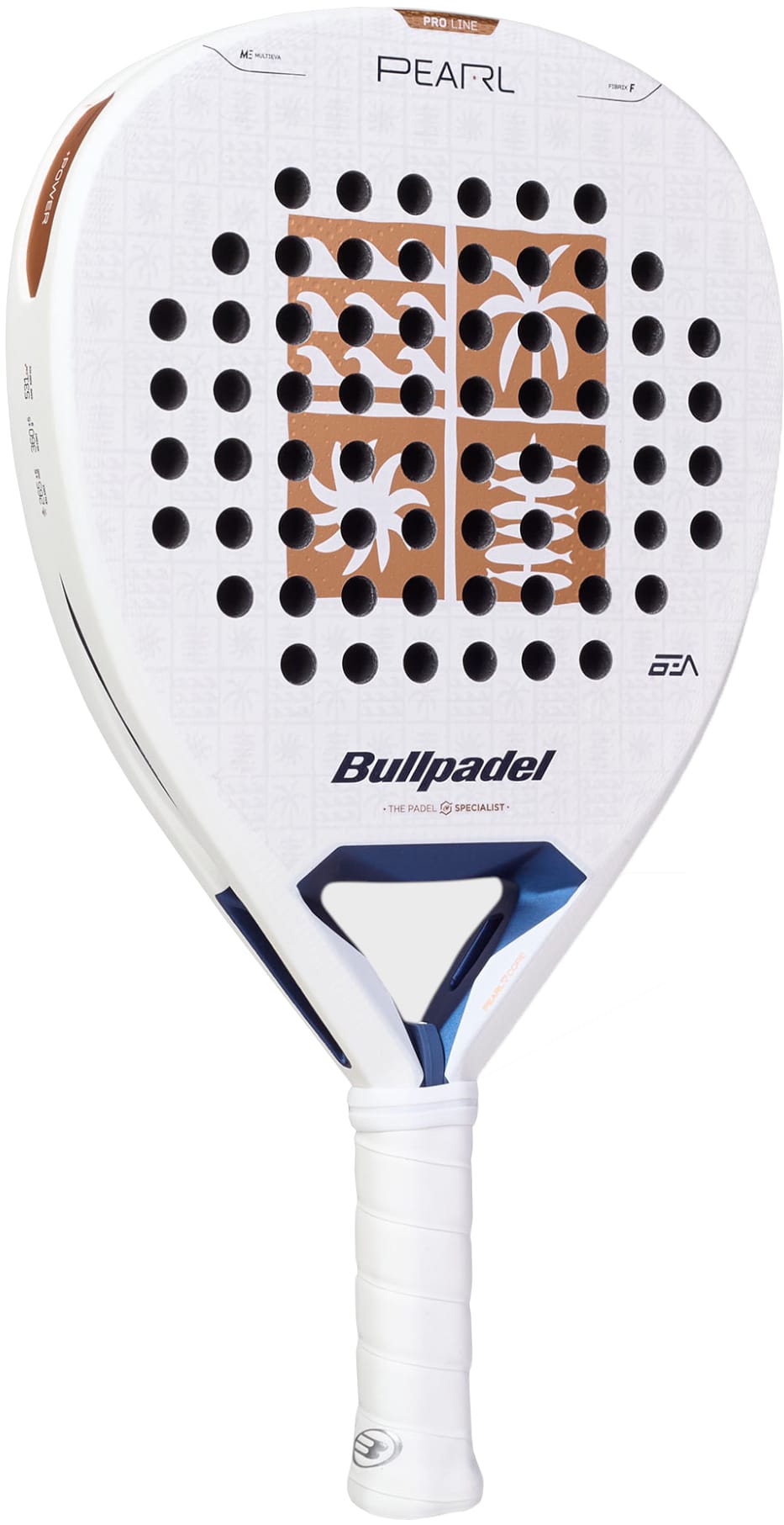 A white Bullpadel Pearl 2027 Padel Racket featuring a patterned face with black holes, brown and orange accents, and a white grip. Crafted by Bullpadel for advanced players seeking an attacking style of play, the padel racket displays the brand name and logos on both the head and neck.