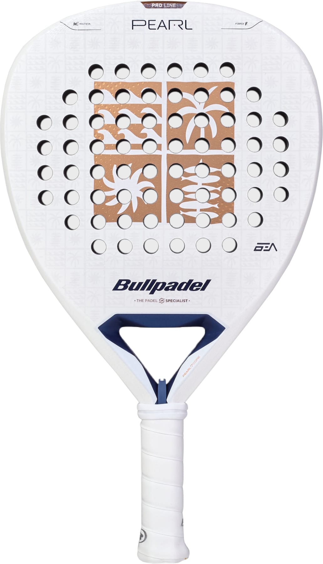 The Bullpadel Pearl 2027 Padel Racket by Bullpadel showcases a gold geometric pattern on a white surface, with “PEARL” printed at the top and multiple round holes. Designed for advanced players seeking an attacking style, it features a handle wrapped in white grip tape.