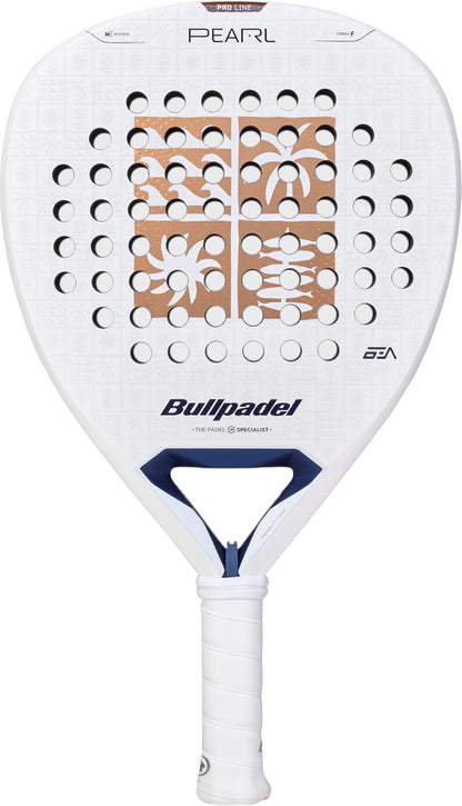 The Bullpadel Pearl 2027 Padel Racket by Bullpadel showcases a gold geometric pattern on a white surface, with “PEARL” printed at the top and multiple round holes. Designed for advanced players seeking an attacking style, it features a handle wrapped in white grip tape.
