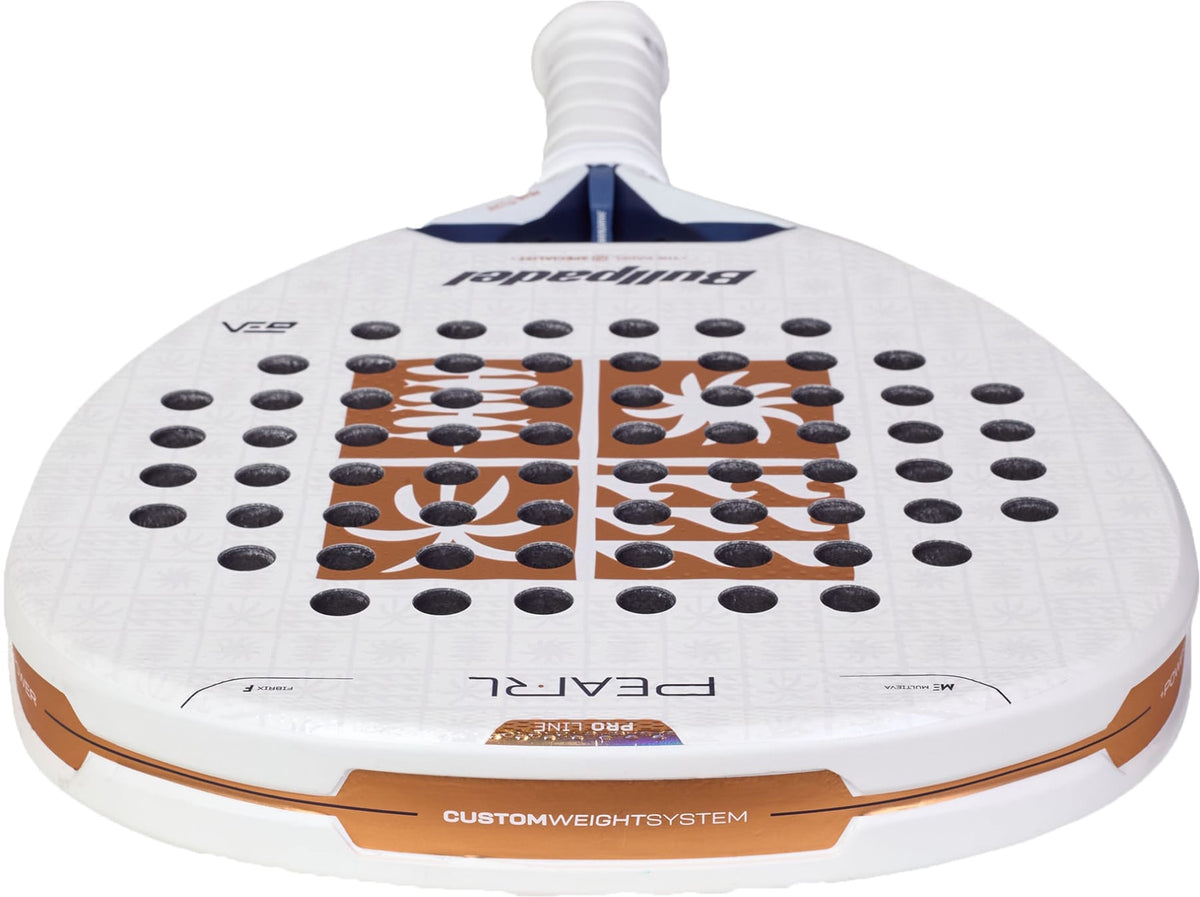 A close-up view of a white Bullpadel Pearl 2027 Padel Racket with black holes, orange accents, and a custom weight system, designed as an attacking padel racket for advanced players, shown from the front with the handle facing forward.