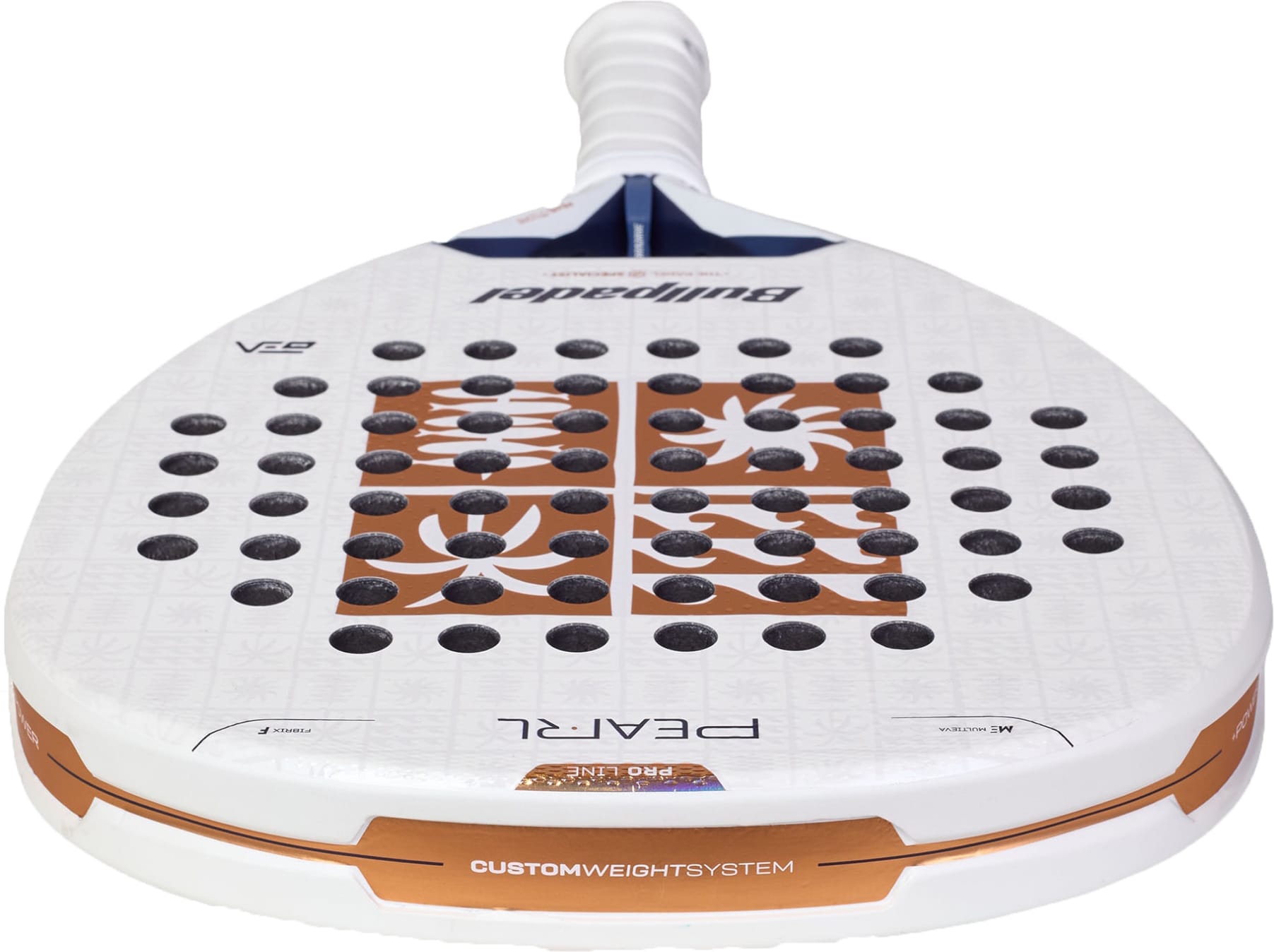 A close-up view of a white Bullpadel Pearl 2027 Padel Racket with black holes, orange accents, and a custom weight system, designed as an attacking padel racket for advanced players, shown from the front with the handle facing forward.