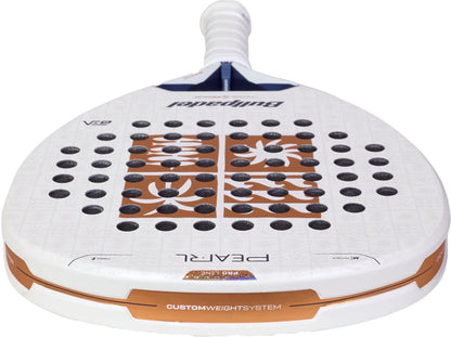 A close-up view of a white Bullpadel Pearl 2027 Padel Racket with black holes, orange accents, and a custom weight system, designed as an attacking padel racket for advanced players, shown from the front with the handle facing forward.