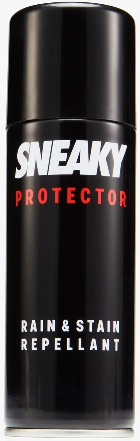 A black spray can labeled “Sneaky Spray Shoe Protection - 200ml” from Sneaky features bold white and red text on the front. This waterproof shoe spray offers exceptional protection, making it ideal as a sneaker protector. It helps keep your footwear looking fresh and clean by guarding against water and stains.