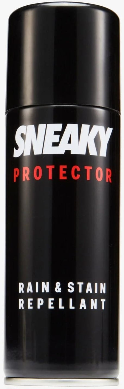 A black spray can labeled “Sneaky Spray Shoe Protection - 200ml” from Sneaky features bold white and red text on the front. This waterproof shoe spray offers exceptional protection, making it ideal as a sneaker protector. It helps keep your footwear looking fresh and clean by guarding against water and stains.