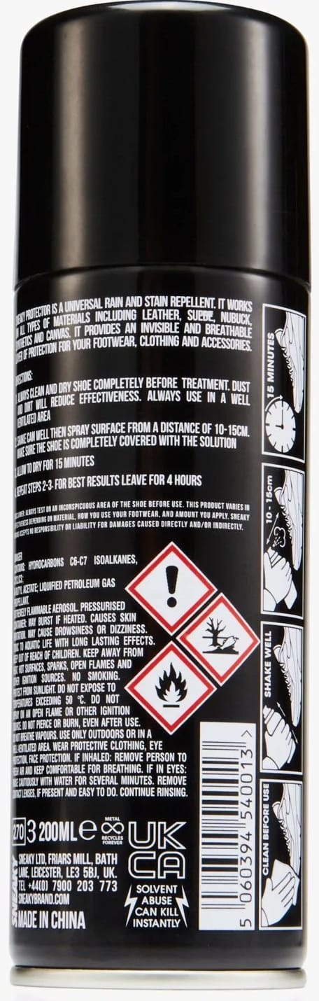A black 200ml can of Sneaky Spray Shoe Protection by Sneaky, featuring detailed white text instructions, safety warnings, hazard symbols, and a barcode on the back label. This waterproof spray claims to protect your footwear against rain and stains.