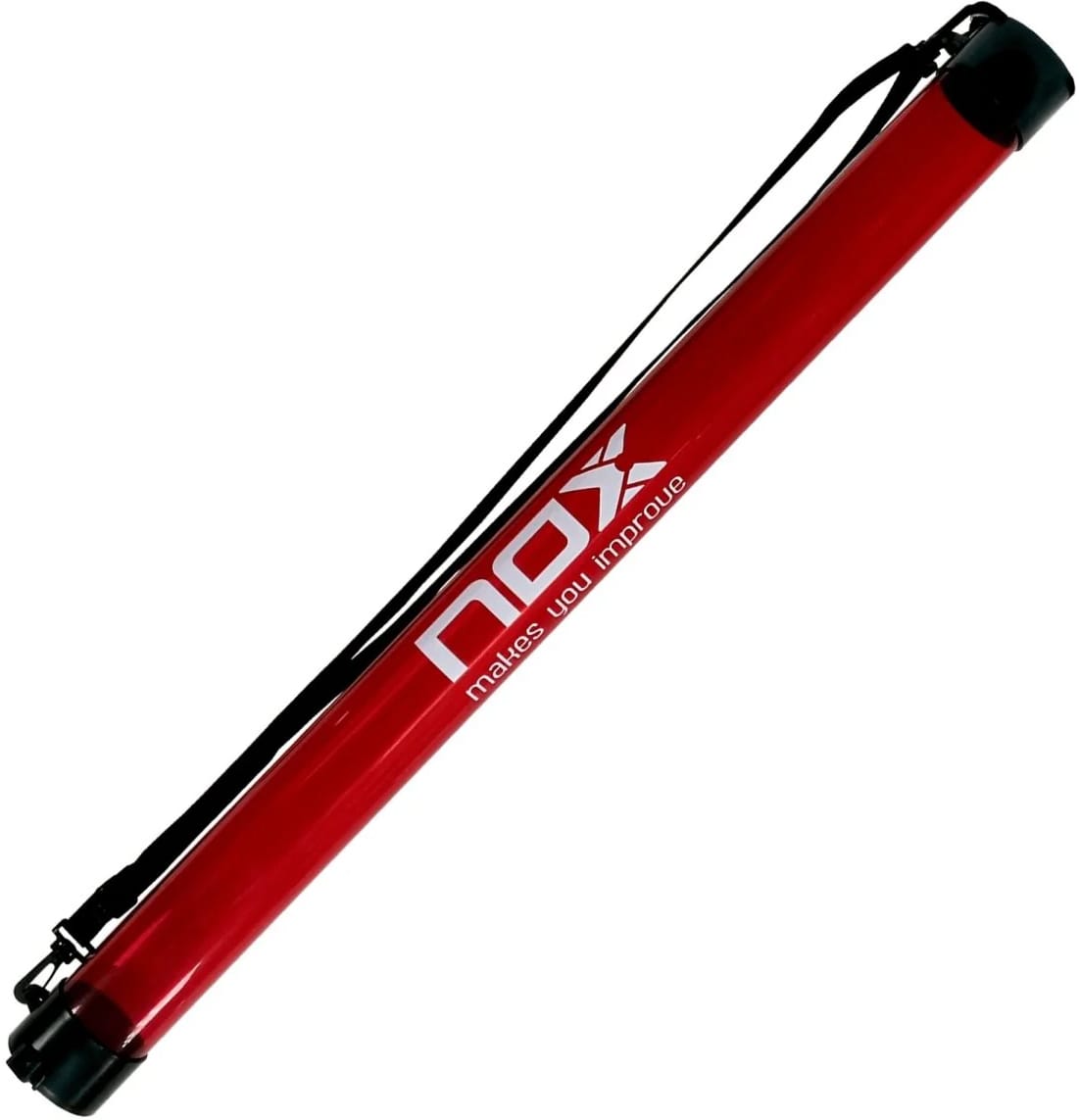 The NOX Red Padel Ball Collection Tube is a red cylindrical case with black strap and end caps, displaying the white NOX logo and “makes you improve” slogan—perfect for any padel training accessory set.