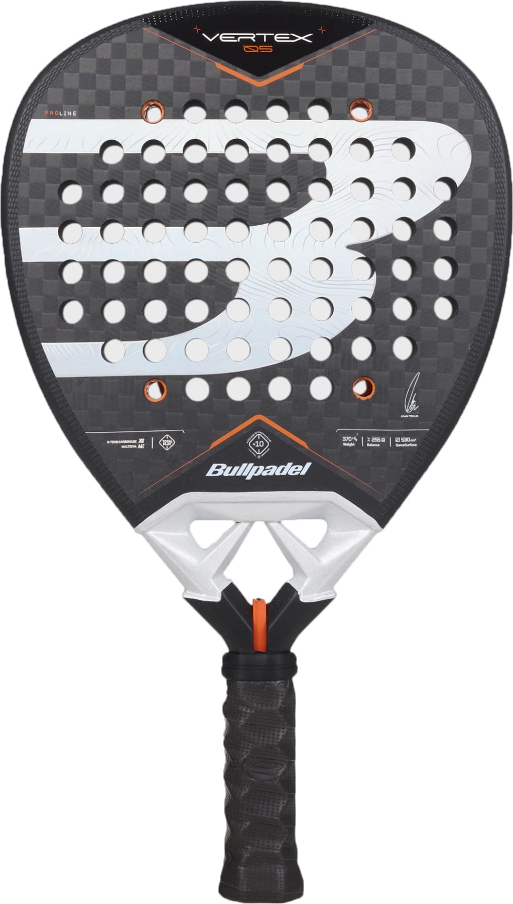A Bullpadel Vertex 05 2027 Padel Racket by Bullpadel, featuring a striking black and silver design with a textured X-Tend Carbon 12K surface, round perforations, an oversized “B” graphic, and a black grip handle—this model is inspired by the famous racket used by Juan Tello.