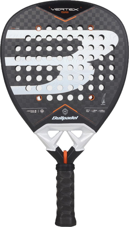 A Bullpadel Vertex 05 2027 Padel Racket by Bullpadel, featuring a striking black and silver design with a textured X-Tend Carbon 12K surface, round perforations, an oversized “B” graphic, and a black grip handle—this model is inspired by the famous racket used by Juan Tello.