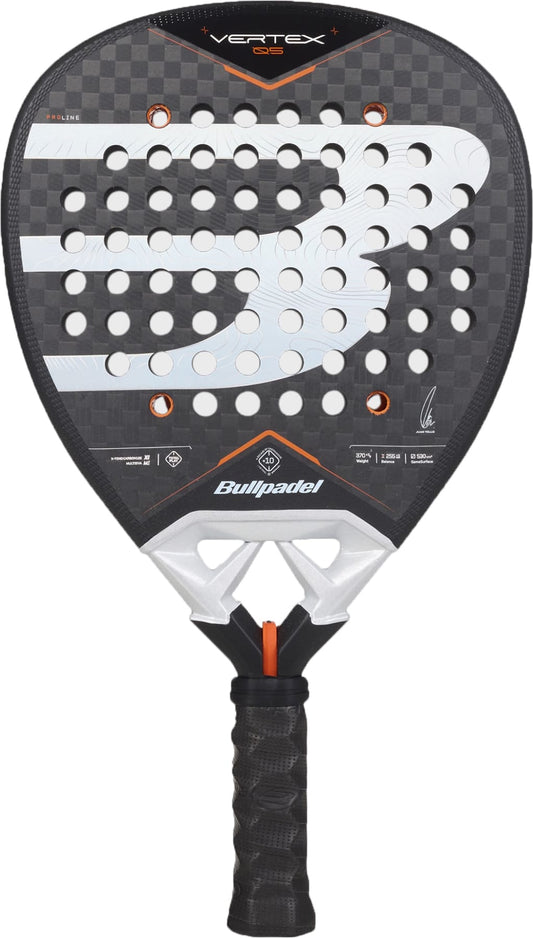 A Bullpadel Vertex 05 2027 Padel Racket by Bullpadel, featuring a striking black and silver design with a textured X-Tend Carbon 12K surface, round perforations, an oversized “B” graphic, and a black grip handle—this model is inspired by the famous racket used by Juan Tello.