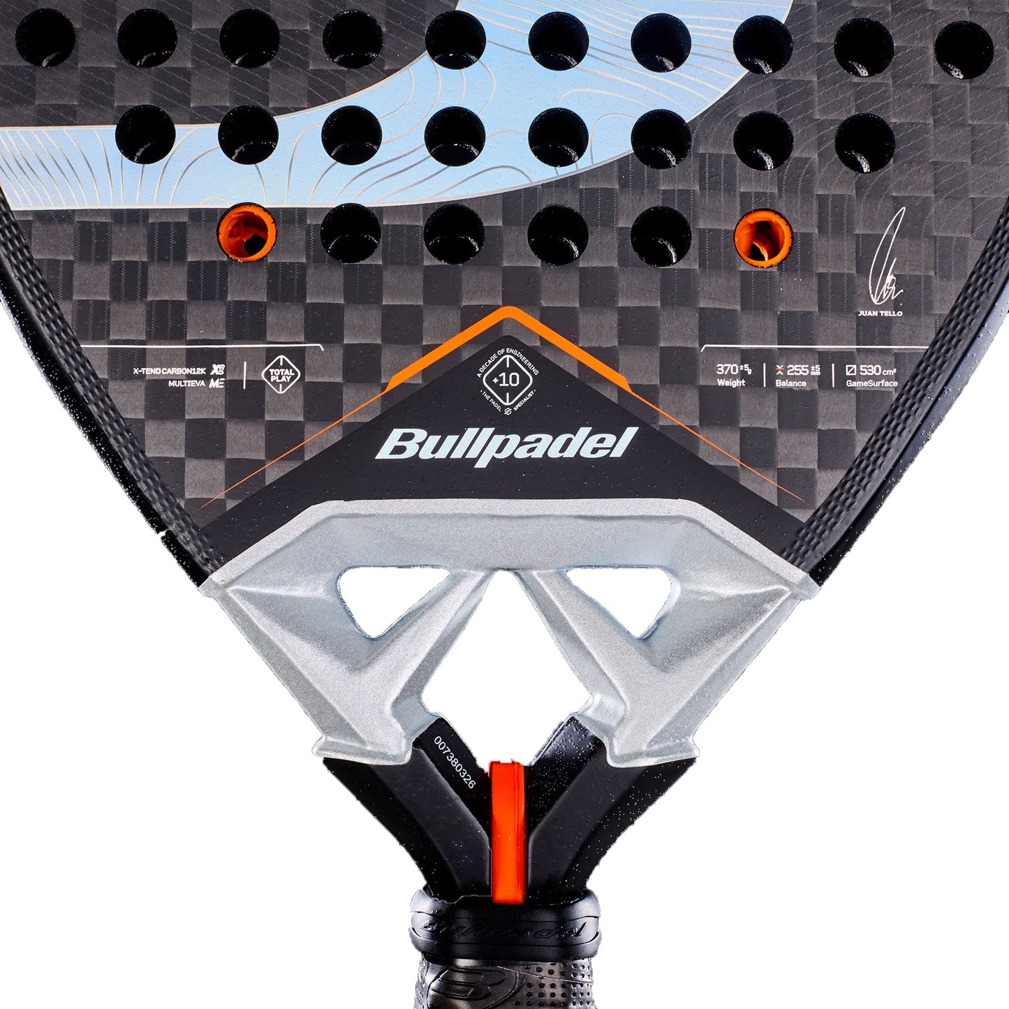 Here’s a rewritten version incorporating your product data: Close-up of the Bullpadel Vertex 05 2027 Padel Racket by Bullpadel, highlighting its head with a striking black, gray, and orange color scheme. Visible features include perforations, signature branding, technical specifications, and the absence of strings. The surface showcases premium X-Tend Carbon 12K texture for enhanced performance.