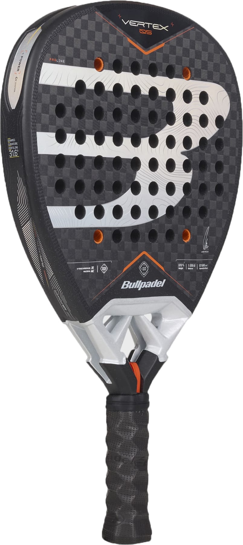 A Bullpadel Vertex 05 2027 padel racket featuring a black and gray carbon fiber design with orange accents and a large “B” logo across the perforated face, inspired by advanced X-Tend Carbon 12K technology used in elite Bullpadel models.