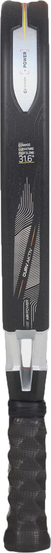 Close-up of a black padel racket handle and blade, featuring a textured grip, silver accents, and prominent Bullpadel branding with detailed design elements—evoking the sophisticated craftsmanship of the Bullpadel Vertex 05 2027 Padel Racket with its X-Tend Carbon 12K finish.