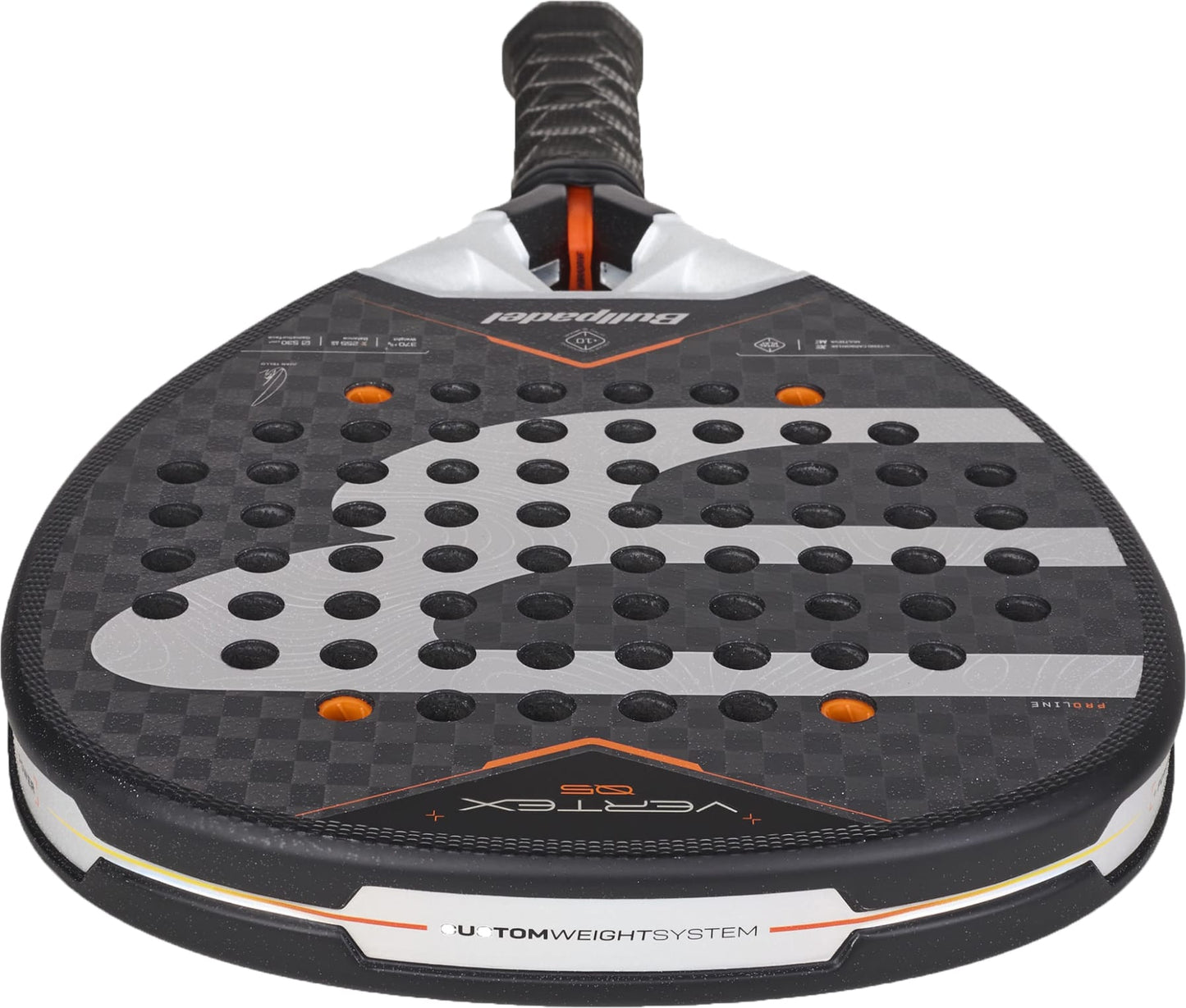A close-up of the Bullpadel Vertex 05 2027 Padel Racket highlights its black and orange design with a perforated face, complemented by gray and white accents. Visible branding includes “VERTEX” and “CUSTOM WEIGHT SYSTEM” near the base. The racket’s premium construction showcases Bullpadel’s X-Tend Carbon 12K technology.