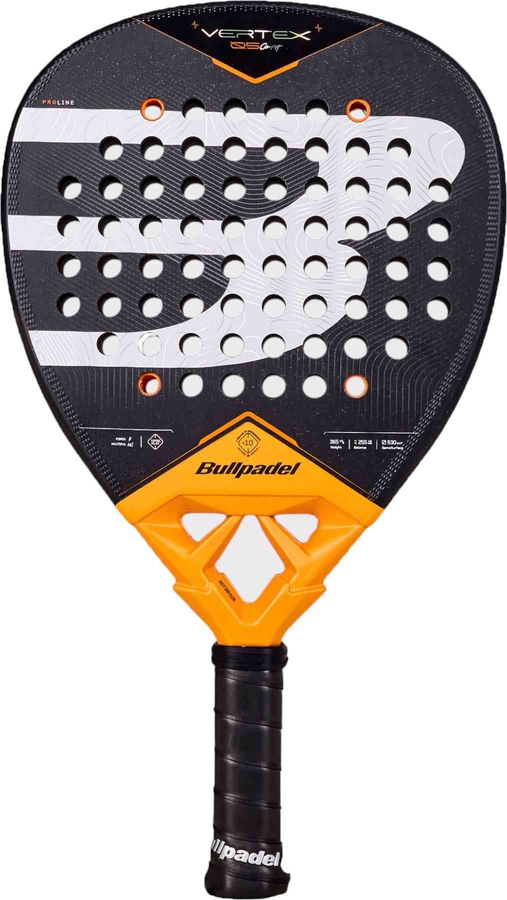 The Bullpadel Vertex 05 Comfort 2027 Padel Racket features a striking black, white, and orange design. Its handle is black with an orange and yellow accent above it, while the face showcases a prominent “B” logo surrounded by numerous round holes. Constructed from durable Fibrix materials, this racket is ideal for intermediate and advanced players seeking both performance and style. The Bullpadel brand name is clearly visible on the racket.