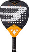 The Bullpadel Vertex 05 Comfort 2027 Padel Racket features a striking black, white, and orange design. Its handle is black with an orange and yellow accent above it, while the face showcases a prominent “B” logo surrounded by numerous round holes. Constructed from durable Fibrix materials, this racket is ideal for intermediate and advanced players seeking both performance and style. The Bullpadel brand name is clearly visible on the racket.