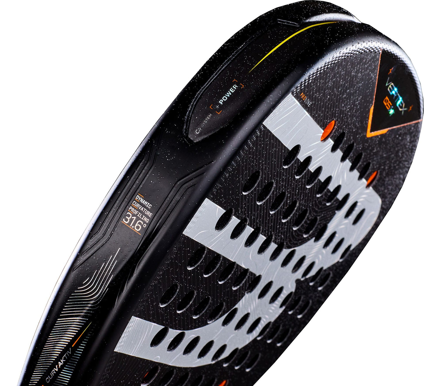 Close-up of the Bullpadel Vertex 05 Comfort 2027 Padel Racket, featuring white and orange accents, a textured Fibrix surface, Bullpadel logo, power indicator, and a specification label with “Dynamic Stability 316°.” Ideal choice for intermediate and advanced players.