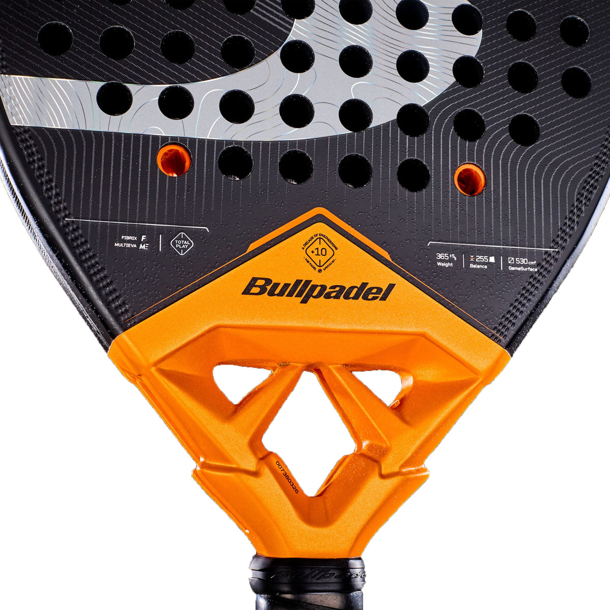 Close-up of the Bullpadel Vertex 05 Comfort 2027 Padel Racket, featuring a striking black and orange design from Bullpadel, crafted with Fibrix for peak performance. The distinctive brand logo and round holes on the racket’s face are clearly visible, highlighting its suitability for intermediate and advanced players. The handle appears partially at the bottom of the image.