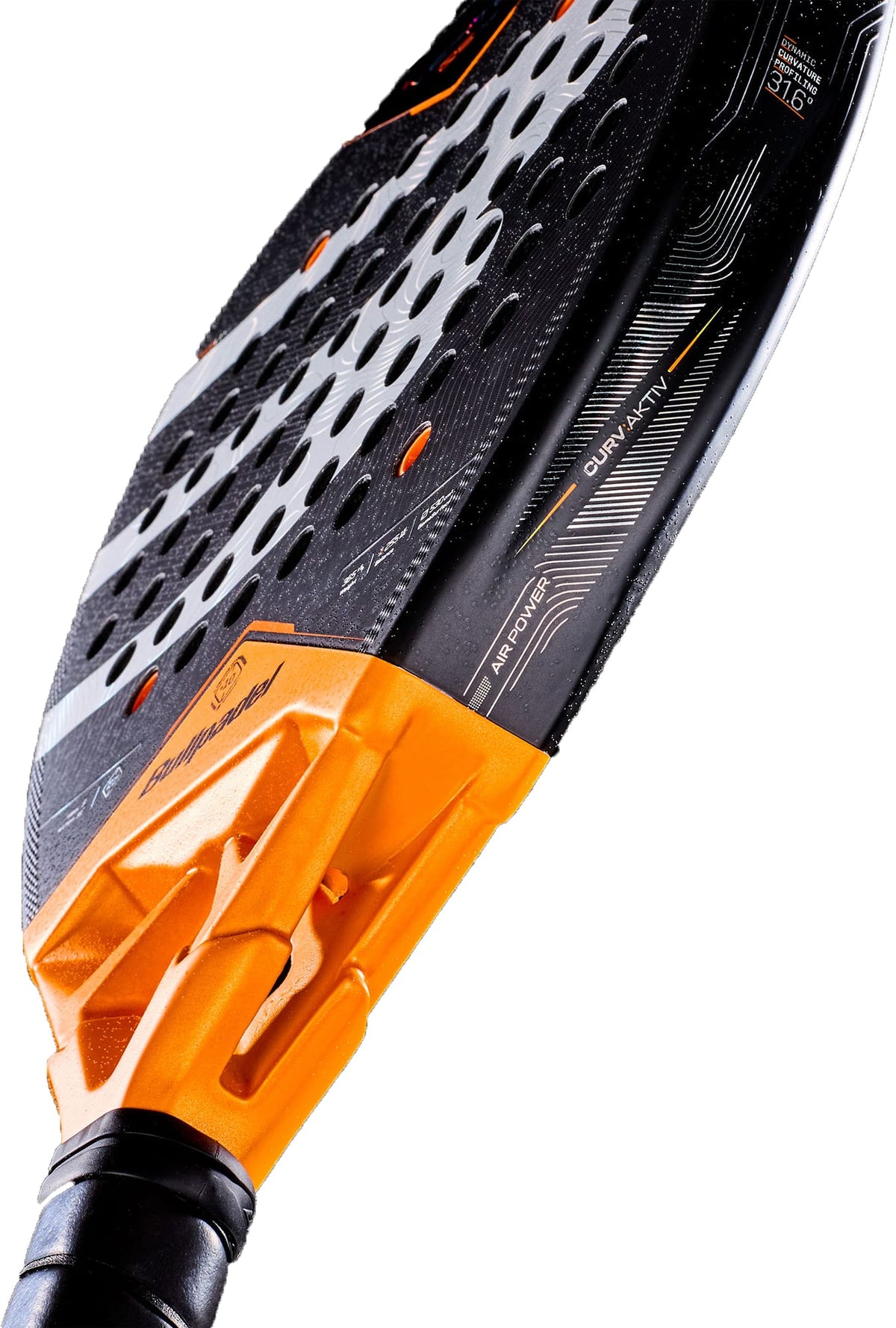 Close-up view of the Bullpadel Vertex 05 Comfort 2027 Padel Racket, crafted for intermediate and advanced players, featuring a striking orange, black, and silver design with Fibrix construction, perforated paddle surface, and sleek Bullpadel branding along the side.