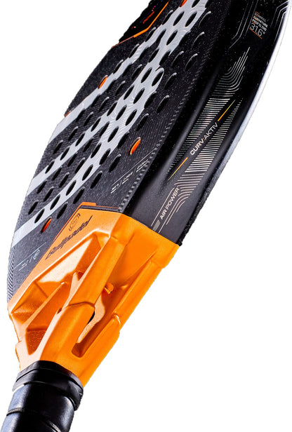 Close-up view of the Bullpadel Vertex 05 Comfort 2027 Padel Racket, crafted for intermediate and advanced players, featuring a striking orange, black, and silver design with Fibrix construction, perforated paddle surface, and sleek Bullpadel branding along the side.