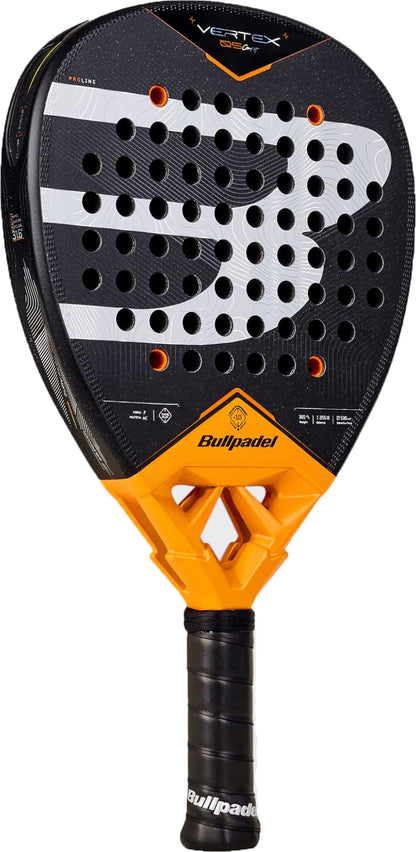 The Bullpadel Vertex 05 Comfort 2027 Padel Racket by Bullpadel is featured in black and yellow with a perforated, textured surface incorporating Fibrix technology and a black grip handle, displayed against a white background—perfect for intermediate and advanced players.