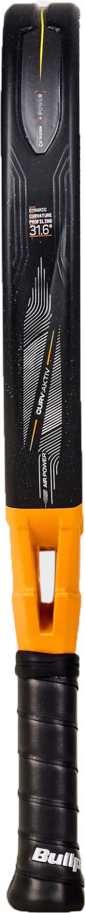 A close-up view of the Bullpadel Vertex 05 Comfort 2027 Padel Racket handle by Bullpadel, featuring a sleek black and orange color scheme with a textured grip and contemporary design elements, crafted for intermediate and advanced players seeking enhanced performance.