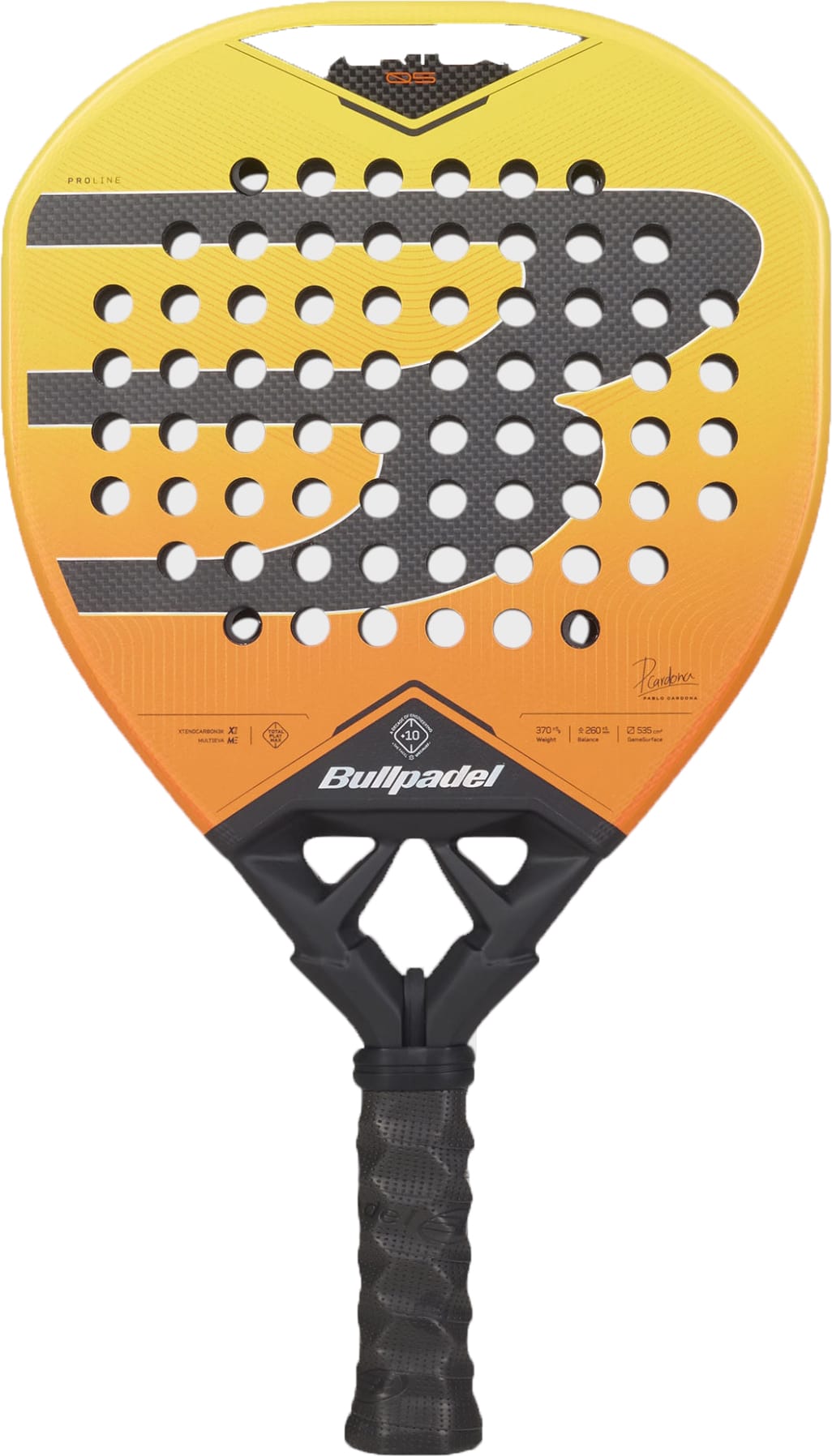 The Bullpadel Vertex 05 Geo 2027 Padel Racket by Bullpadel features a black handle and a striking orange-to-yellow gradient face with a black logo design, accented by multiple holes across the head. Constructed with X-Tend Carbon 3K, this head-heavy padel racket delivers enhanced power and exceptional durability.
