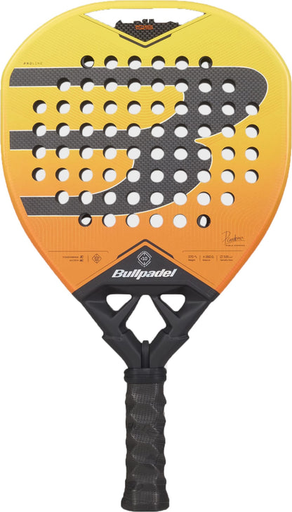 The Bullpadel Vertex 05 Geo 2027 Padel Racket by Bullpadel features a black handle and a striking orange-to-yellow gradient face with a black logo design, accented by multiple holes across the head. Constructed with X-Tend Carbon 3K, this head-heavy padel racket delivers enhanced power and exceptional durability.