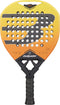 The Bullpadel Vertex 05 Geo 2027 Padel Racket by Bullpadel features a black handle and a striking orange-to-yellow gradient face with a black logo design, accented by multiple holes across the head. Constructed with X-Tend Carbon 3K, this head-heavy padel racket delivers enhanced power and exceptional durability.