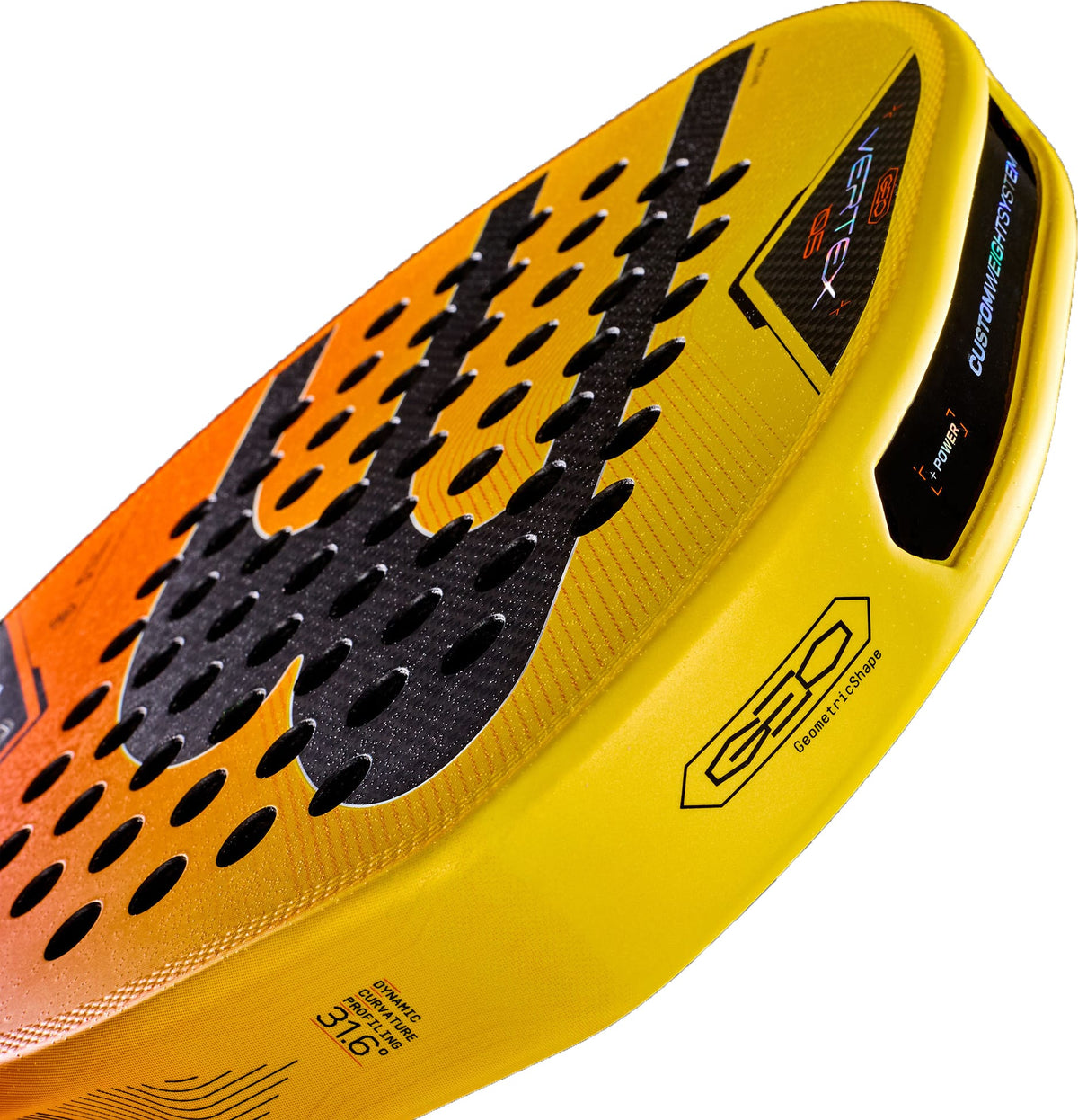Close-up of the Bullpadel Vertex 05 Geo 2027 Padel Racket in yellow and orange, featuring perforated black grip areas, X-Tend Carbon 3K branding, the model name “Vertex,” and a visible weight indicator on its edge. This head heavy padel racket by Bullpadel is designed for players seeking both power and precision.