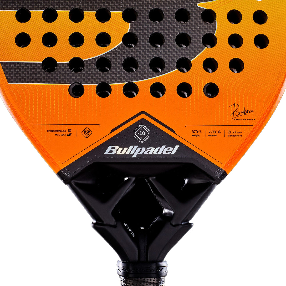 Close-up of the Bullpadel Vertex 05 Geo 2027 Padel Racket in orange and black, highlighting its perforated design, clearly visible Bullpadel branding, technical specifications, and a black handle with a textured grip. This head-heavy racket utilizes advanced X-Tend Carbon 3K construction for exceptional power and control.