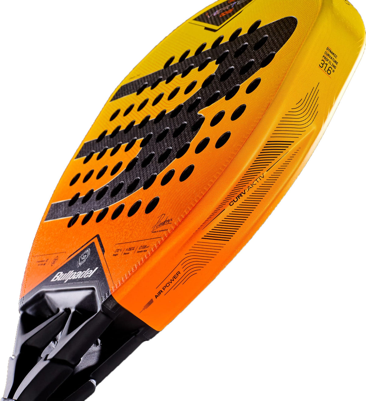 Close-up of the Bullpadel Vertex 05 Geo 2027 Padel Racket in vibrant yellow and orange, featuring a black grip, perforated face, and distinctive Bullpadel branding along the edge. The visible holes and unique design elements highlight its advanced X-Tend Carbon 3K construction. Engineered with a head heavy balance, this padel racket delivers exceptional power and precision on the court.