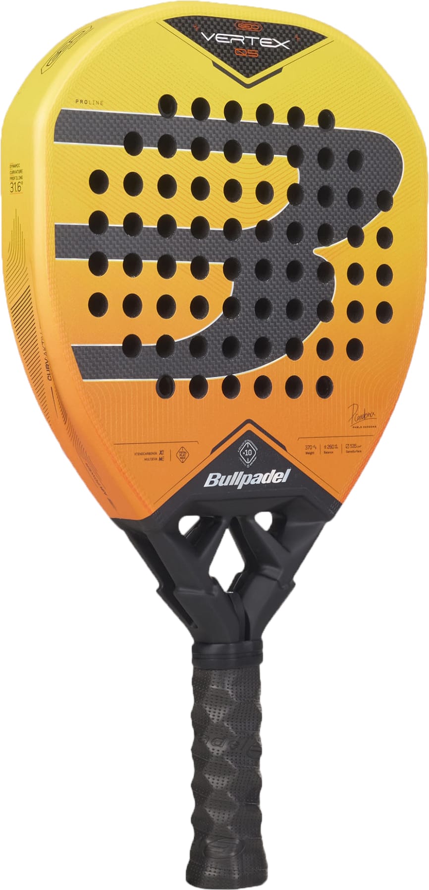 The Bullpadel Vertex 05 Geo 2027 Padel Racket by Bullpadel features a head heavy design with a yellow and orange color scheme, a black grip, prominent “B” logo, X-Tend Carbon 3K construction, and round holes on the paddle face—ideal for padel tennis players.