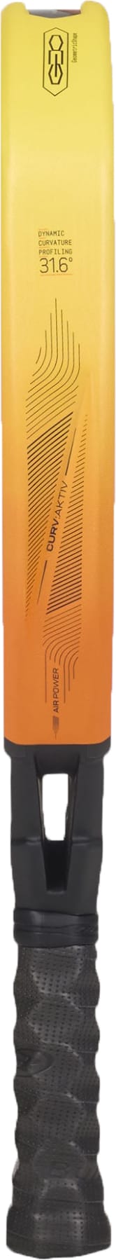 A yellow and orange Bullpadel Vertex 05 Geo 2027 padel racket with a black grip and geometric patterns—echoing the dynamic X-Tend Carbon 3K design—featuring text and Bullpadel branding details on the face.
