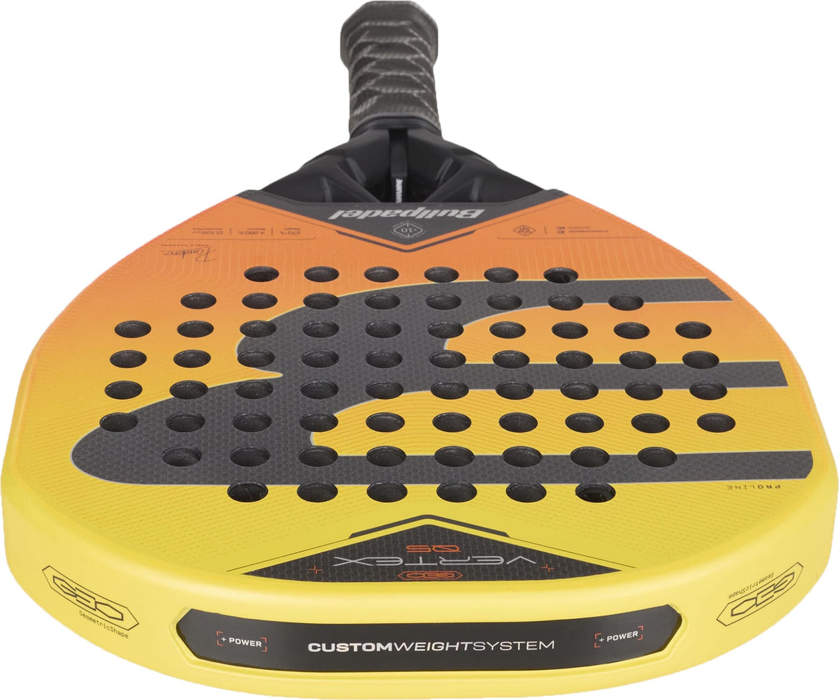 A yellow and orange, head-heavy padel racket by Bullpadel, the Vertex 05 Geo 2027 Padel Racket features black perforated patterns, a textured grip, and branding near the handle. Incorporating advanced technology for enhanced performance, its design is reminiscent of high-end models in its class.