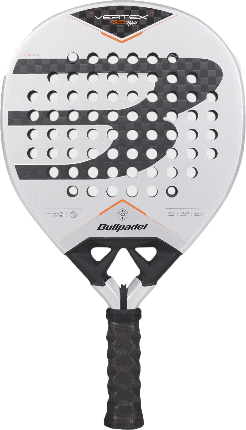 The Bullpadel Vertex 05 Hybrid 2027 Padel Racket, in white with a black handle, is displayed against a white background. Showcasing a prominent “B” logo and multiple perforations on its face, this Bullpadel racket features a hybrid head shape and MultiEva core to deliver superior performance for padel players.