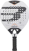 The Bullpadel Vertex 05 Hybrid 2027 Padel Racket, in white with a black handle, is displayed against a white background. Showcasing a prominent “B” logo and multiple perforations on its face, this Bullpadel racket features a hybrid head shape and MultiEva core to deliver superior performance for padel players.