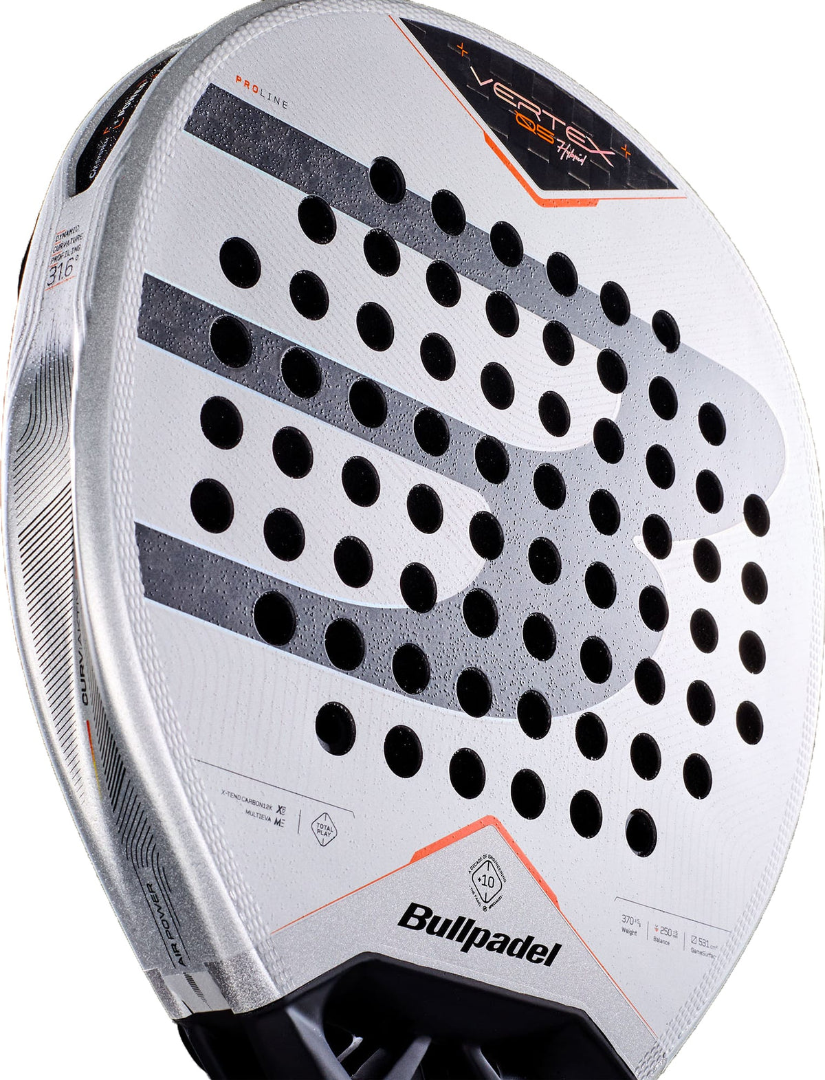Close-up of a Bullpadel Vertex 05 Hybrid 2027 Padel Racket showcasing a striking silver, black, and orange design. The racket features Bullpadel branding on the face, round black perforations, and a hybrid head shape. Its MultiEva core elevates performance and delivers exceptional feel on the court.