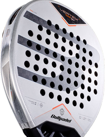 Close-up of a Bullpadel Vertex 05 Hybrid 2027 Padel Racket showcasing a striking silver, black, and orange design. The racket features Bullpadel branding on the face, round black perforations, and a hybrid head shape. Its MultiEva core elevates performance and delivers exceptional feel on the court.