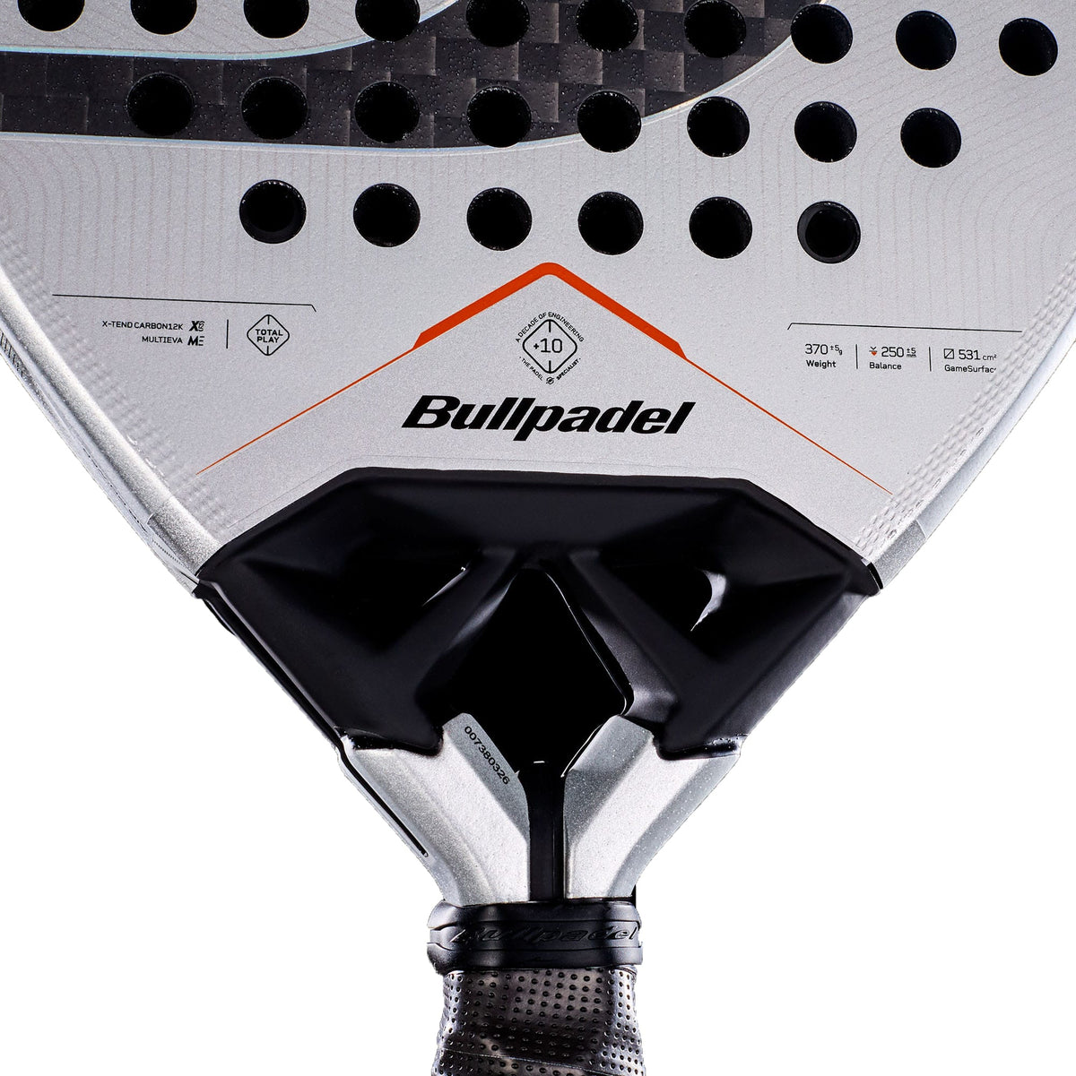 Close-up of a Bullpadel Vertex 05 Hybrid 2027 Padel Racket, displaying the Bullpadel brand name, circular holes, and technical specifications on its silver and black surface near the handle. The image emphasizes the racket’s hybrid head shape and advanced MultiEva core for enhanced performance.